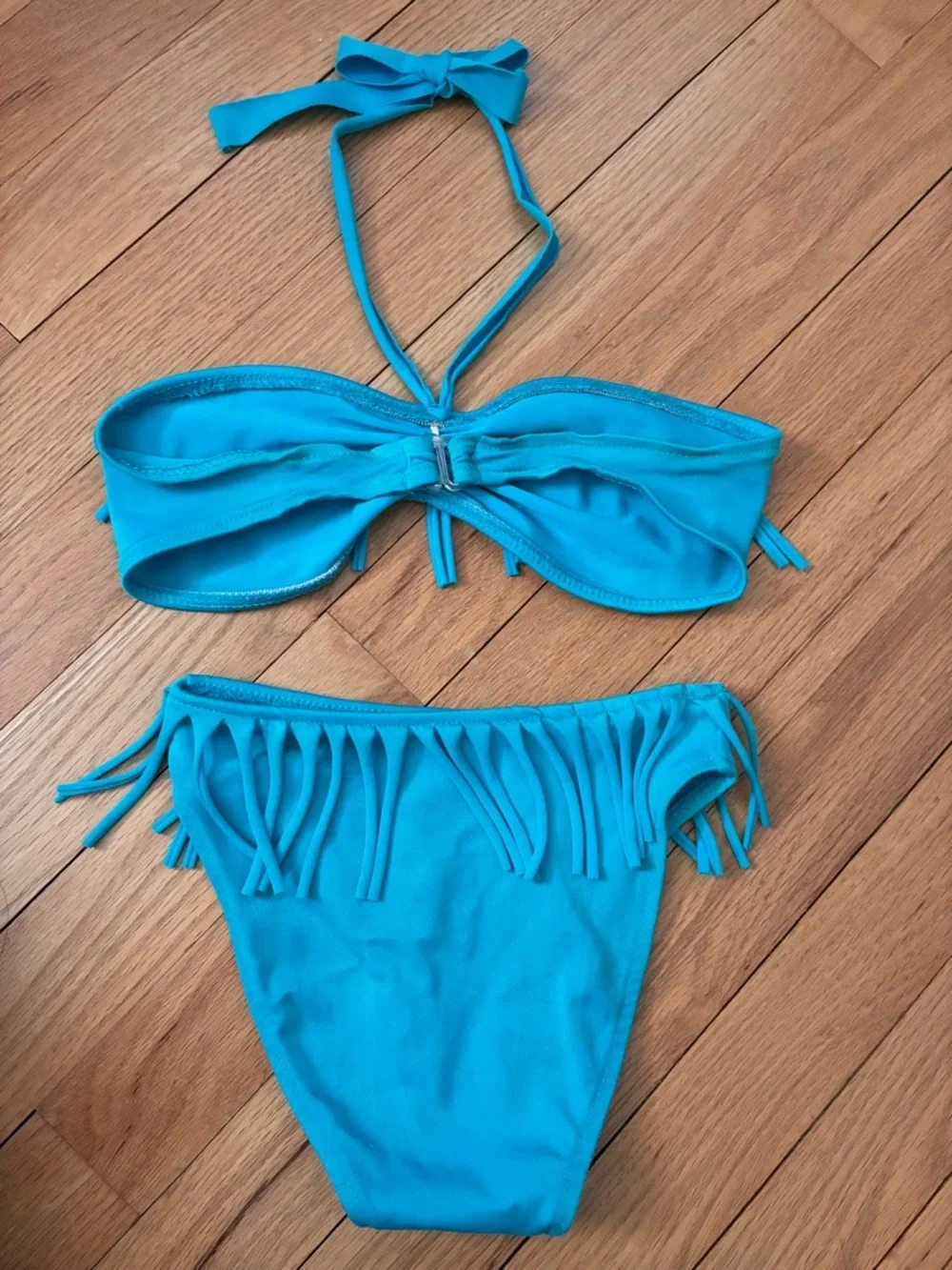 Vintage Toddler Fringed Bikini, Turquoise + Folding Kitty Sunglasses Set, 4T